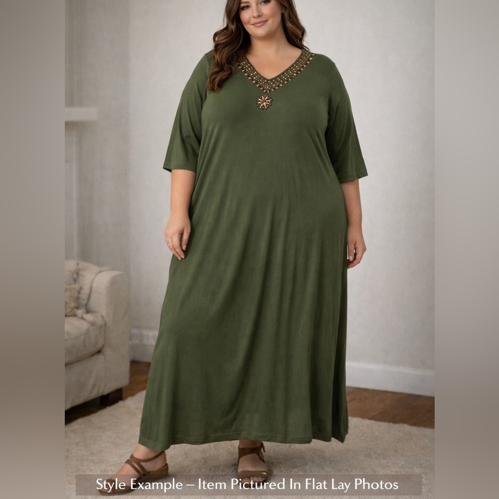Ulla Popken Stretch Knit Maxi Dress Plus 24/26 Moss Green Boho Beaded